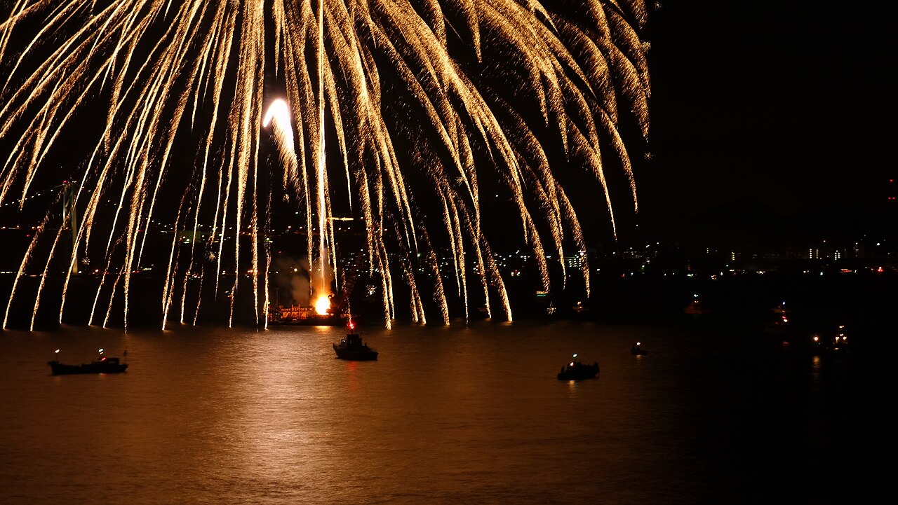 Kanmon Strait Fireworks Festival fireworks over Shimonoseki / Kitakyushu (Moji Ward), Japan
